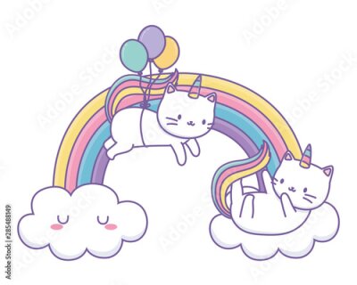Sticker  Deux chats blancs et un arc-en-ciel