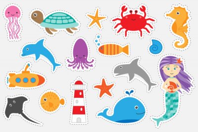 Sticker  Différentes images colorées d'animaux de l'océan pour les enfants, jeu d'éducation amusant pour les enfants, activité préscolaire, ensemble d'autocollants, illustration vectorielle