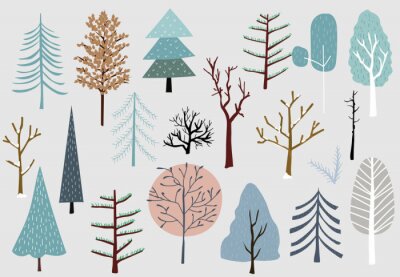 Différents types d'arbres scandinaves sur fond gris