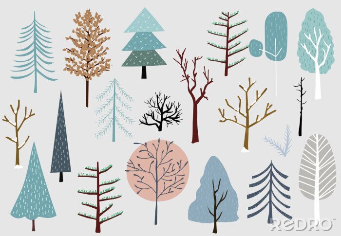 Sticker  Différents types d'arbres scandinaves sur fond gris