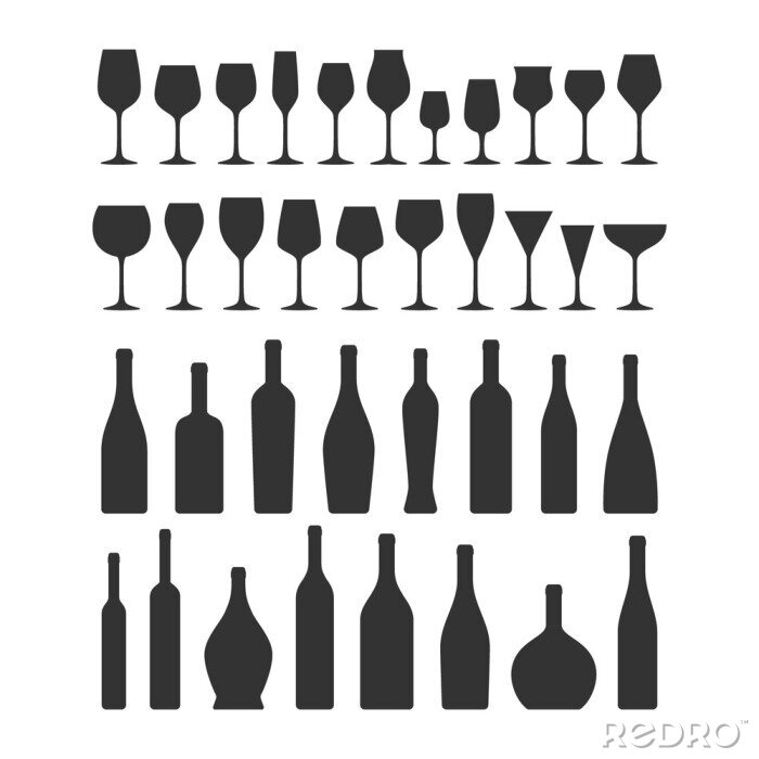 Sticker  Différents types de jeu d'icônes de verres à vin et bouteilles. Verre à vin et bouteille vector icons de collection silhouette noire.