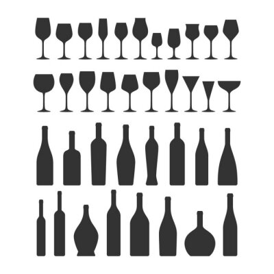 Sticker  Différents types de jeu d'icônes de verres à vin et bouteilles. Verre à vin et bouteille vector icons de collection silhouette noire.