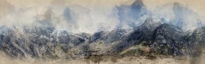 Sticker  Digital watercolor painting of Stunning dramatic panoramic landscape image of snowcapped Glyders mountain range in Snowdonia