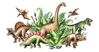Sticker  Dinosaures et plantes préhistoriques à l'aquarelle