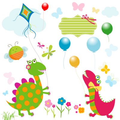 Dinosaures volant des cerfs-volants et des ballons colorés