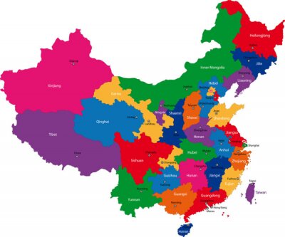 Sticker  Divisions administratives colorée de la Chine avec les capitales