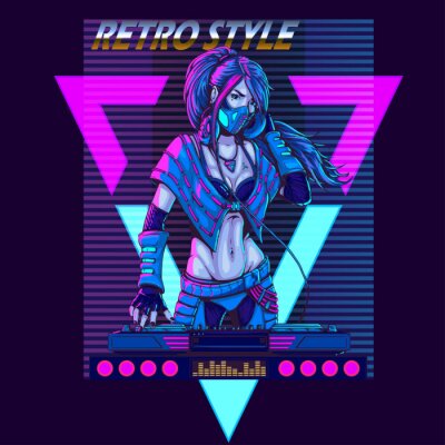 Sticker  DJ woman in futuristic synth retro wave style 80s poster illustration.