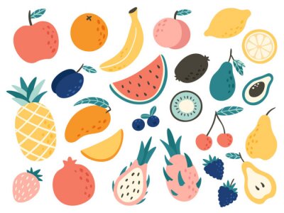 Sticker  Doodle fruits. Natural tropical fruit, doodles citrus orange and vitamin lemon. Vegan kitchen apple hand drawn vector illustration