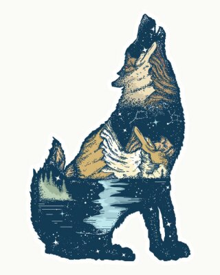 Sticker  Double exposition de Wolf. Conception de tatouage et de t-shirt. Symbole tourisme, voyage, aventure, plein air