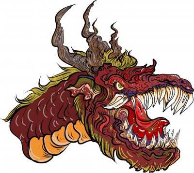 Sticker  Dragon head isolate on white background.sticker dragon tattoo.Gold dragon on red background.