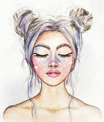 Sticker  Drawing of a fantastic girl with a beautiful make-up. Snow Queen. Watercolor illustration.