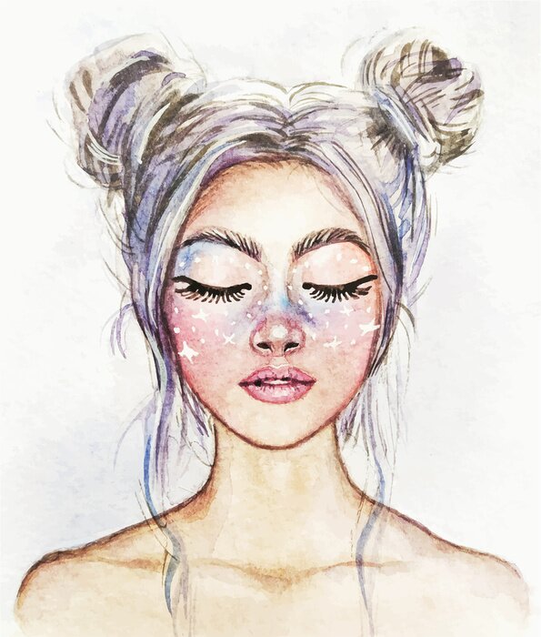 Sticker  Drawing of a fantastic girl with a beautiful make-up. Snow Queen. Watercolor illustration.