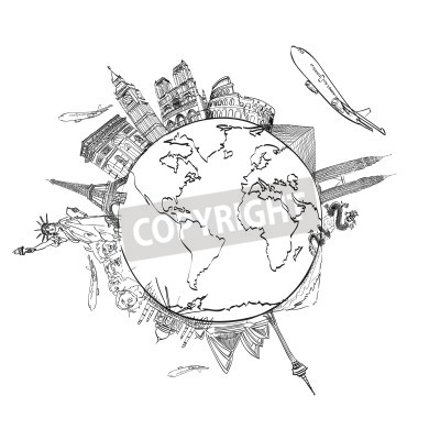 Sticker  drawing the dream travel around the world in a whiteboard