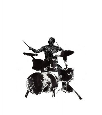 drummer behind the drum, musical instruments, black and white graphics, abstraction