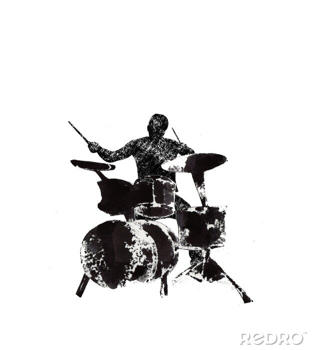 Sticker  drummer behind the drum, musical instruments, black and white graphics, abstraction