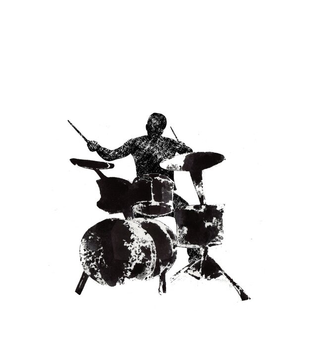 Sticker  drummer behind the drum, musical instruments, black and white graphics, abstraction