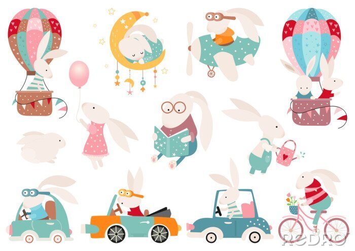 Sticker  Easter bunny clipart set, Easter rabbit collection, isolated elements on white. Vector illustration.