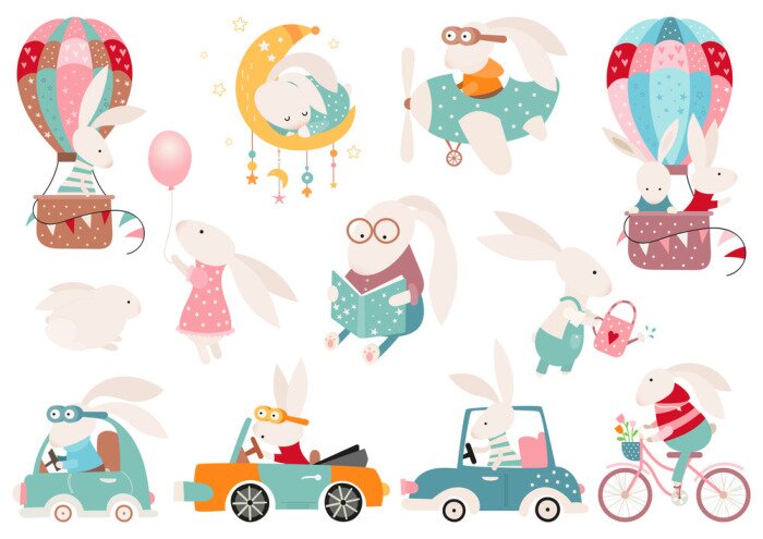 Sticker  Easter bunny clipart set, Easter rabbit collection, isolated elements on white. Vector illustration.