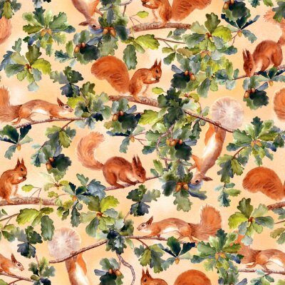 Papier peint à motif  Écureuils et chêne