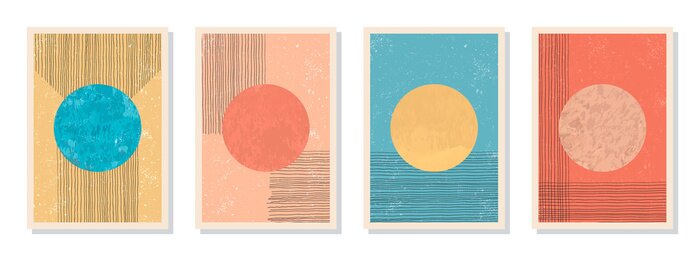 Sticker  Elegant abstract trendy minimalist aesthetic hand painted backgrounds. Contemporary wall art decor. Collection of A4 mid-century art compositions with textured organic shapes. CMYK