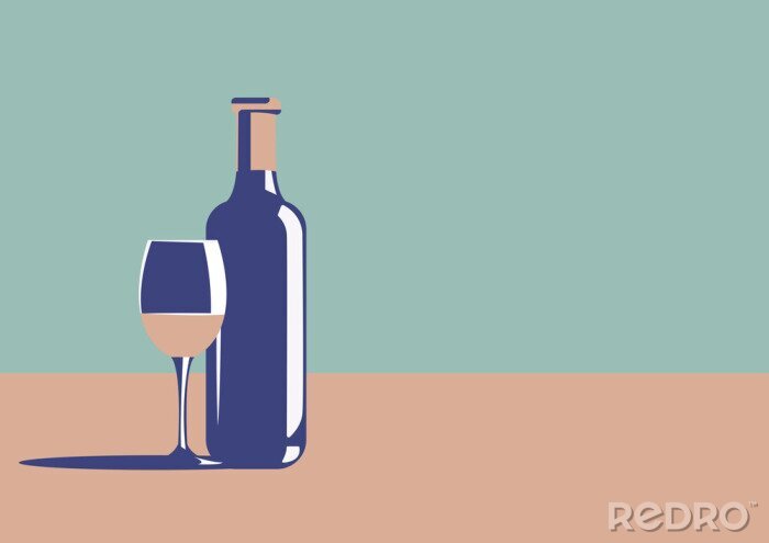 Sticker  Elegant wine bottle and wine glass in minimal art deco style with copy space nearby