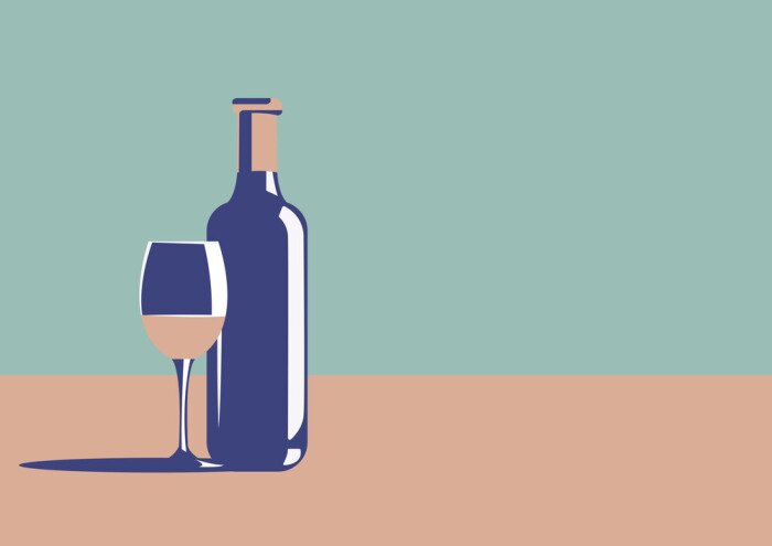 Sticker  Elegant wine bottle and wine glass in minimal art deco style with copy space nearby