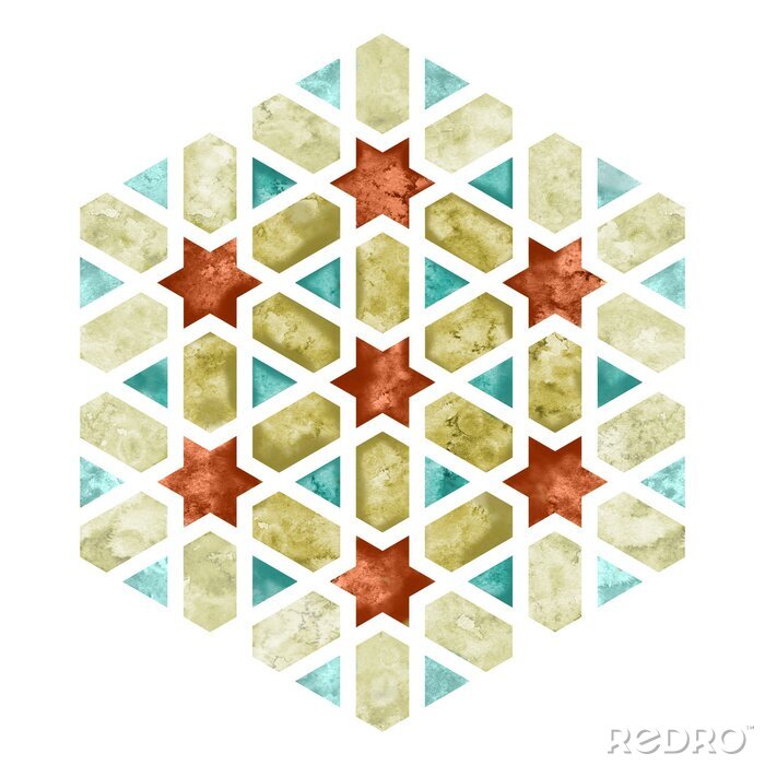Sticker  Élément de tuile aquarelle Arabesque. Emblème de géométrie hexagonale ou signe avec bord pâle pour la conception de vêtements et de sacs