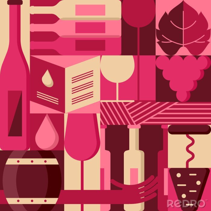 Sticker  Éléments de design plat géométrique de vecteur pour la carte des vins, étiquette, emballage, barre ou menu de restaurant. Fond coloré avec des bouteilles de vin, verre, vigne. Illustration de blocage 