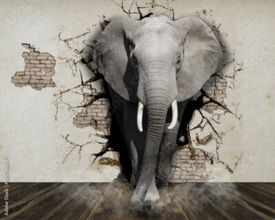 Sticker  Éléphant d'animaux 3d sortant du mur