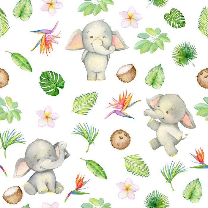 Sticker  elephant is cute. seamless pattern. isolated. watercolor.