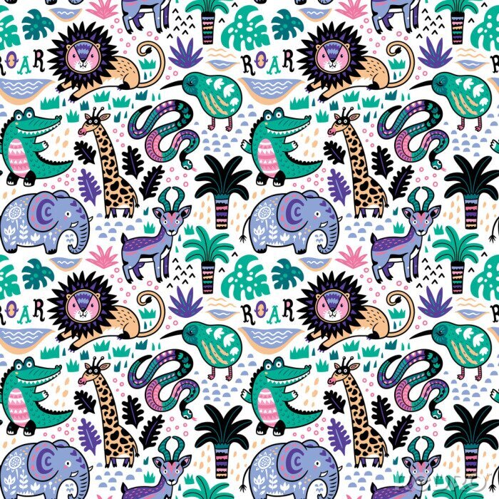 Sticker  Éléphants crocodiles girafes et palmiers