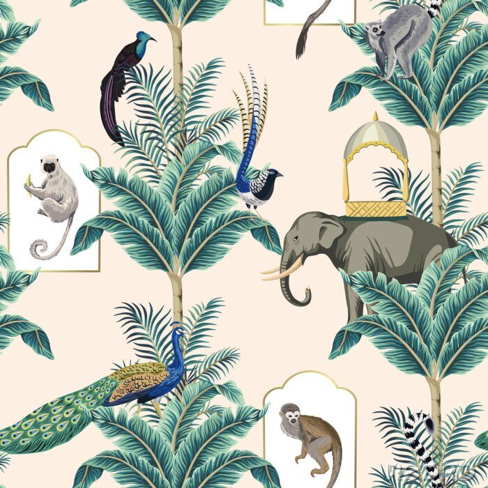 Sticker  Éléphants exotiques singes et plantes