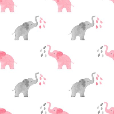 Papier peint à motif  Éléphants gris rose version aquarelle