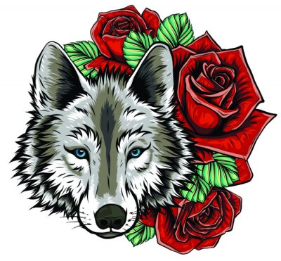 Sticker  Embroidery of wolf and roses. Needlework patch of romantic animal sign on white background.