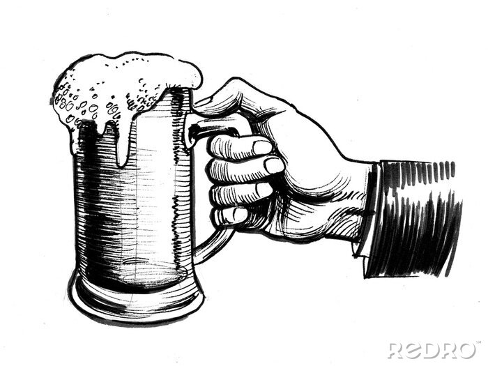 Sticker  Encre noir et blanc dessin d'une main tenant une chope de bière