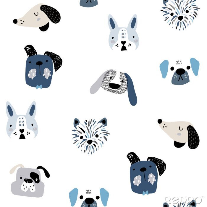 Sticker  Enfantin modèle sans couture avec des visages de chien créatif drôle. Fond de vecteur scandinave à la mode. Parfait pour les vêtements pour enfants, tissus, textiles, décoration de pépinières, papier 