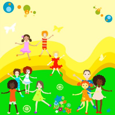 Sticker  Enfants jouant sur un fond coloré