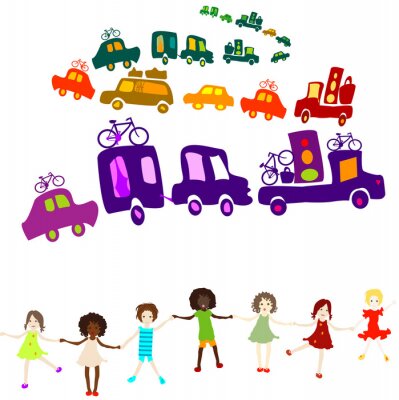 Sticker  Enfants sur le fond d'une rangée colorée de voitures