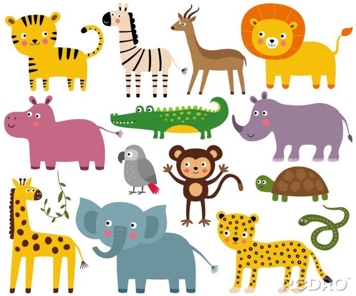 Sticker  Ensemble d'animaux de la jungle africaine (éléphant, lion, croco, singe, etc.)