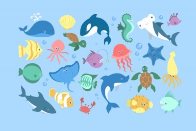 Sticker  Ensemble d'animaux océaniques et marins. Collection de créature aquatique