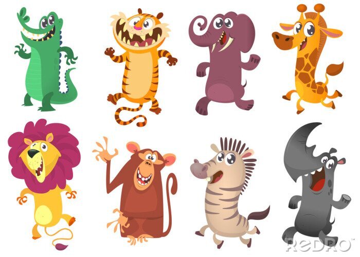 Sticker  Ensemble d'animaux tropicaux de dessins animés. Ensemble d'illustration vectorielle d'animaux de bande dessinée. Crocodile alligator, tigre, éléphant, girafe, lion, singe chimpanzé, zèbre et rhinocéro