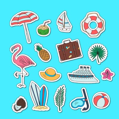 Sticker  Ensemble d'autocollants d'objets de plage colorée dessinés à la main. Illustration de vecteur été voyage doodle éléments