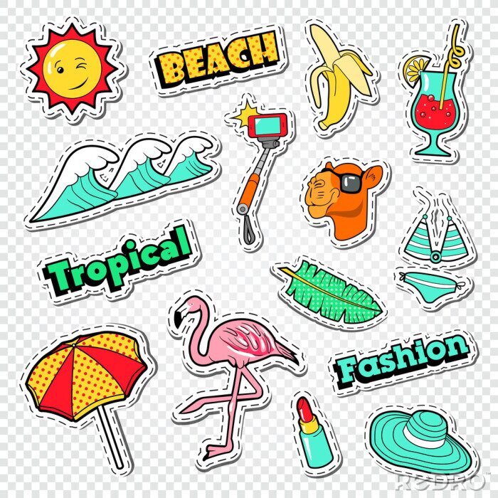 Sticker  Ensemble d'autocollants de vacances de plage. Doodle Vacances Tropicales avec Flamingo, Bikini et Cocktail. Illustration vectorielle