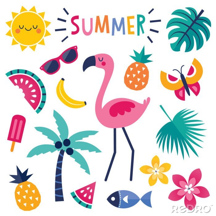Sticker  Ensemble d'éléments colorés d'été avec flamant rose isolé
