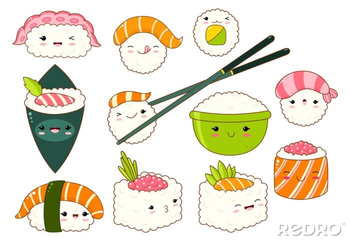 Sticker  Ensemble d'icônes de sushi et rouleaux mignons dans un style kawaii