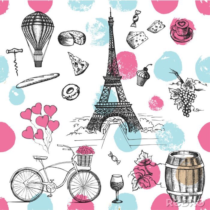 Sticker  Ensemble d'icônes françaises dessinés à la main, illustration de croquis de Paris