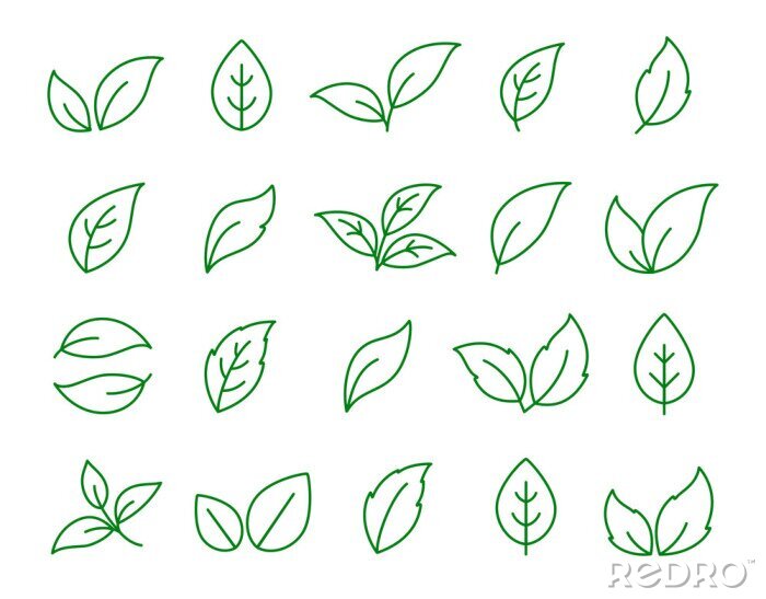 Sticker  ensemble d'icônes linéaires feuille verte sur blanc