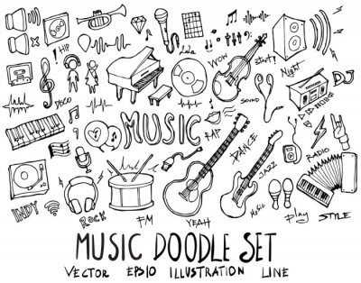 Sticker  Ensemble d'illustration de la musique doodle dessinés à la main croquis vecteur de ligne eps10