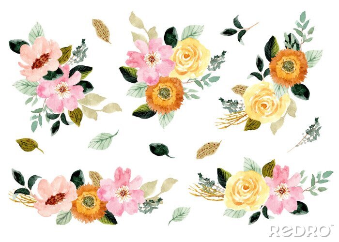 Sticker  Ensemble d'illustrations florales délicates à l'aquarelle