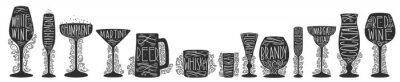 Sticker  Ensemble d'images de silhouette de verres en verre pour différentes boissons. Formez le texte de lettrage de verres à pied.